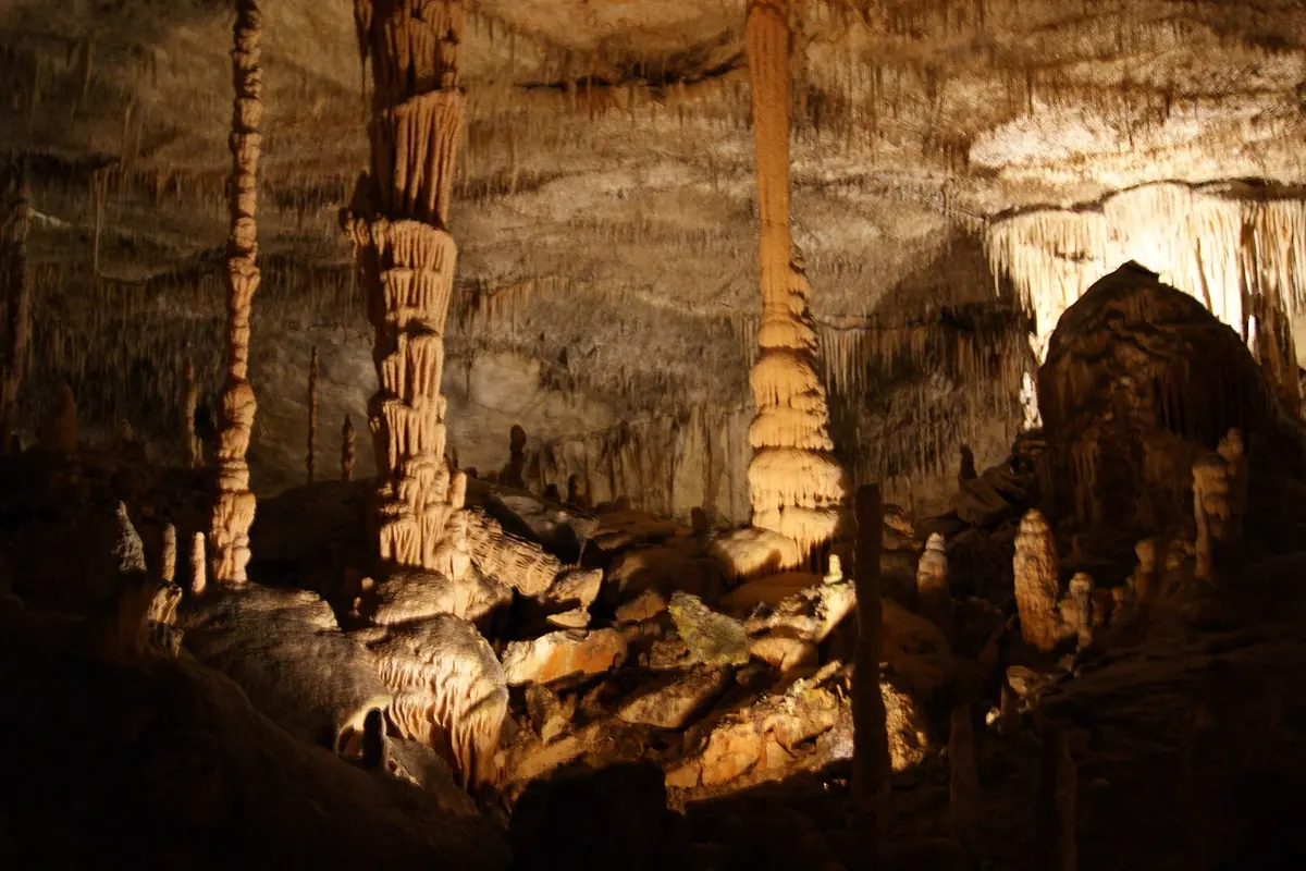 Vysoké bledé stalagmitové sloupy se tyčí z osvětlené podlahy jeskyně, nad nimi stalaktity a vzadu temná komora.